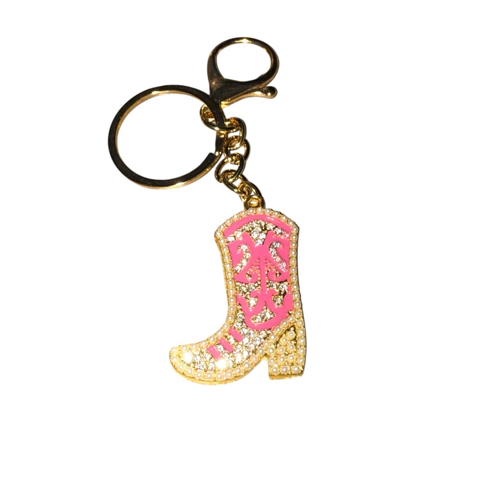 Pink Boot Keychain with Faux Pearls in Gold Tone